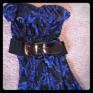 High low strapless blue and black dress